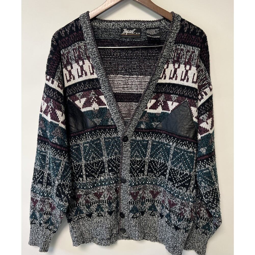 VTG 80s 90s Mens Cardigan‎ Sweater Button up Aztec Medium Dad Grandpa Patches